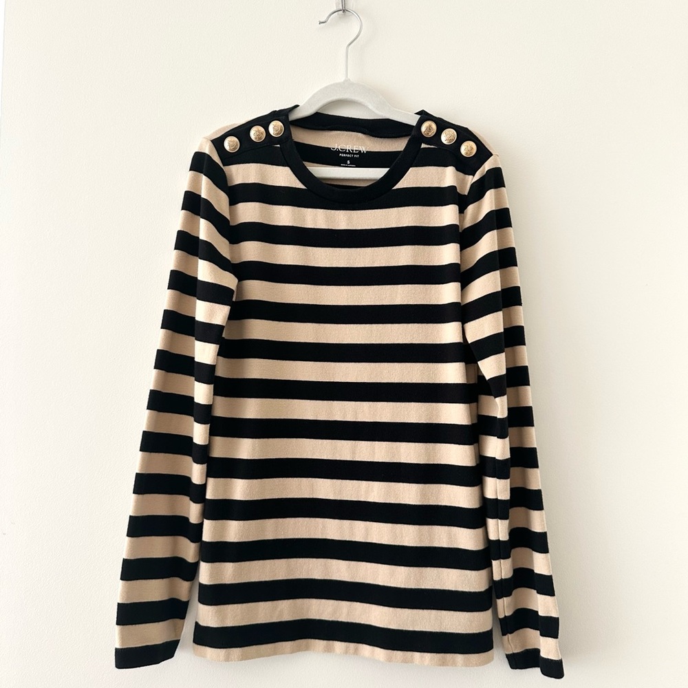 J. Crew Perfect Fit Long Sleeve Tee - Striped Black & Tan Small